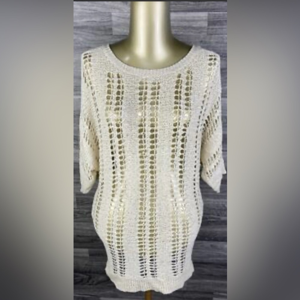 Express Cream Crew Neck Sweater with Lacey Knit Pattern